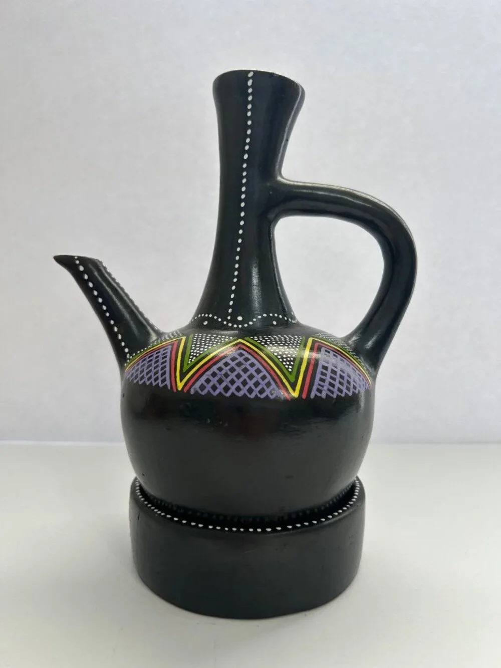 Ethiopian Jebena Coffee Pot w/ Stand Hand-Painted Black Ceramic Decorative FLAW